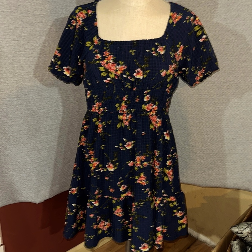Maurices Navy Blue Floral Square Neck Dress with Tie Back